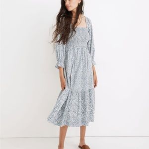 Madewell Lucie Elbow-Sleeve Smocked Midi Dress in Sunflower Field